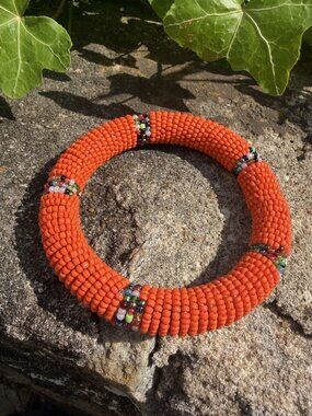 African Seed Bead Chunky Bangle Orange Multicolor Tribal Boho Bracelet